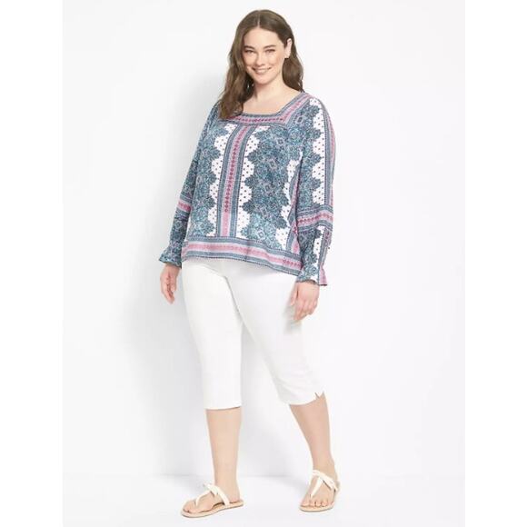 Lane Bryant Blouse Top Plus 18 Classic‎ Long Sleeve Square Neck Boho Teal Pink - Picture 3 of 12